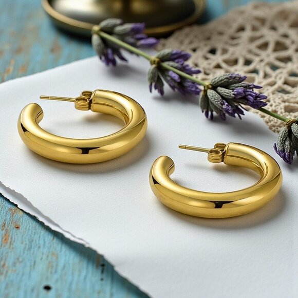 Chunky C Hoop Earrings 18K Gold Plated Stainless Steel Statement Modern - Picture 5 of 13